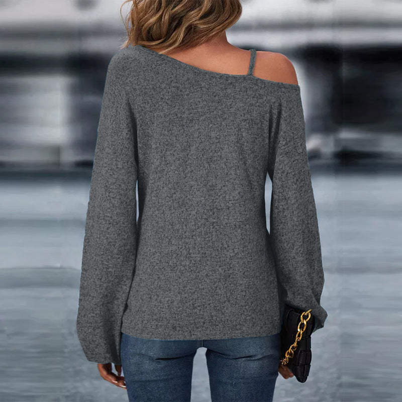 Damen asymmetrischer schulterfreier Strickpullover mit Zierkettenträger und vorn gedrehtem Knoten – Avérine