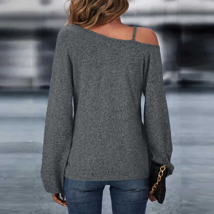 Damen asymmetrischer schulterfreier Strickpullover mit Zierkettenträger und vorn gedrehtem Knoten – Avérine