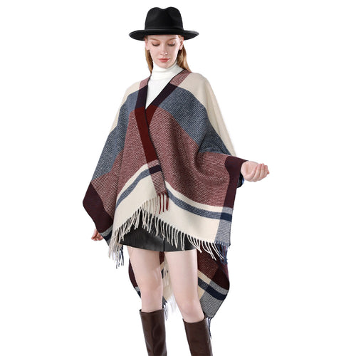 Damen Wollmix-Capeponcho mit V‑Ausschnitt, Blockstreifen und Fransen – Avérine