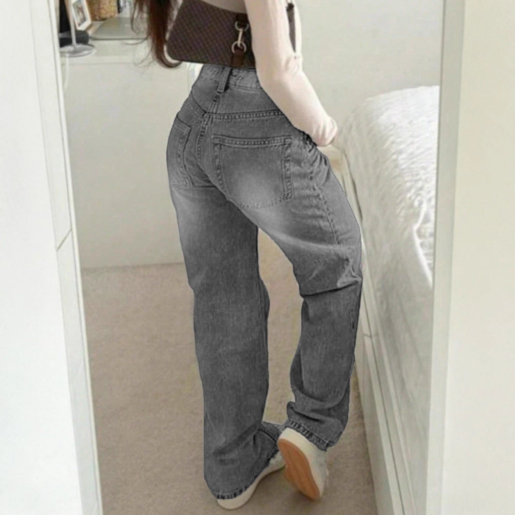 Damen Hochtaillierte weite Destroyed-Jeans mit geradem Bein Echo Archiv