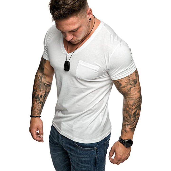 Herren V-Ausschnitt T-Shirt aus weicher Baumwolle mit Brusttasche Echoarchiv