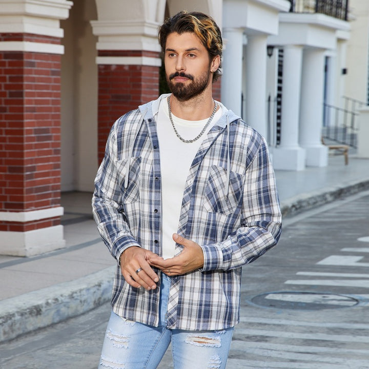 Herren lässige Karobluse mit Kapuze und Brusttaschen Echoarchiv