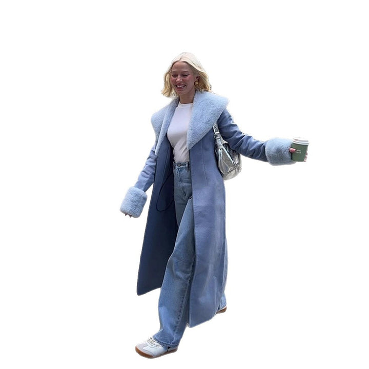 Damen Eleganter lang geschnittener Mantel aus Velours‑Optik mit voluminösem Kunstfell‑Schalkragen Echoarchiv