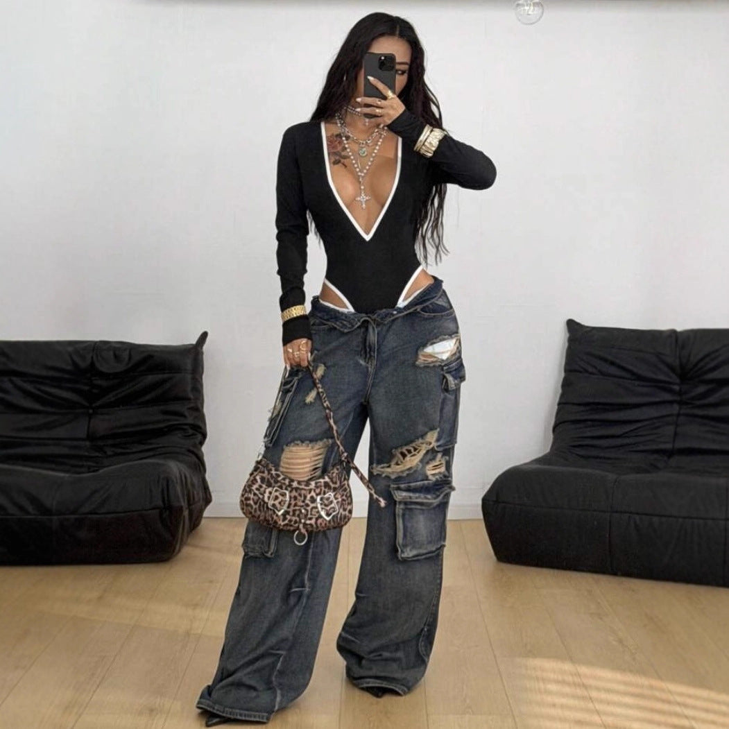 Damen Bodysuit mit tiefem V-Ausschnitt und eleganten Kontrastnähten Echo Archiv
