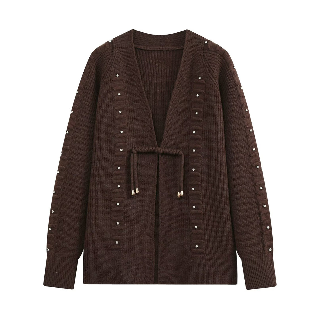 Damen Grobgestrickter Longcardigan mit Ziersteinen und Kordelbindung Echo Archiv