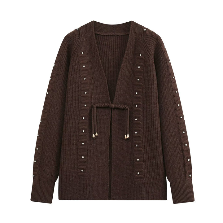 Damen Grobgestrickter Longcardigan mit Ziersteinen und Kordelbindung Echo Archiv
