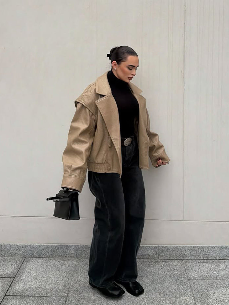 Damen Oversize-Lederimitat-Bomberjacke mit Boxy-Schnitt und weitem Revers Echoarchiv