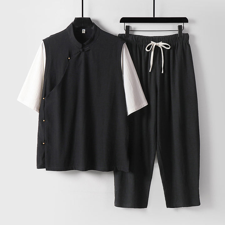 Herren Asymmetrisches Kimono-Loungewear-Set mit Stehkragen und Kordelhose Echoarchiv