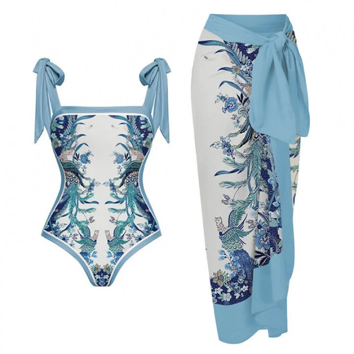 Damen Badeanzug-Set mit elegantem Floral-Design und passender Strandhose Echo Archiv