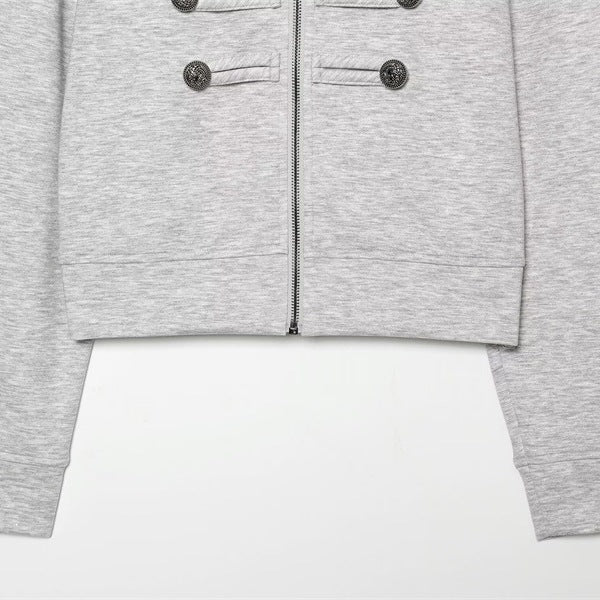 Damen Cropped Sweatjacke im Military-Look mit Stehkragen und Zierknopfreihe Echo Archiv