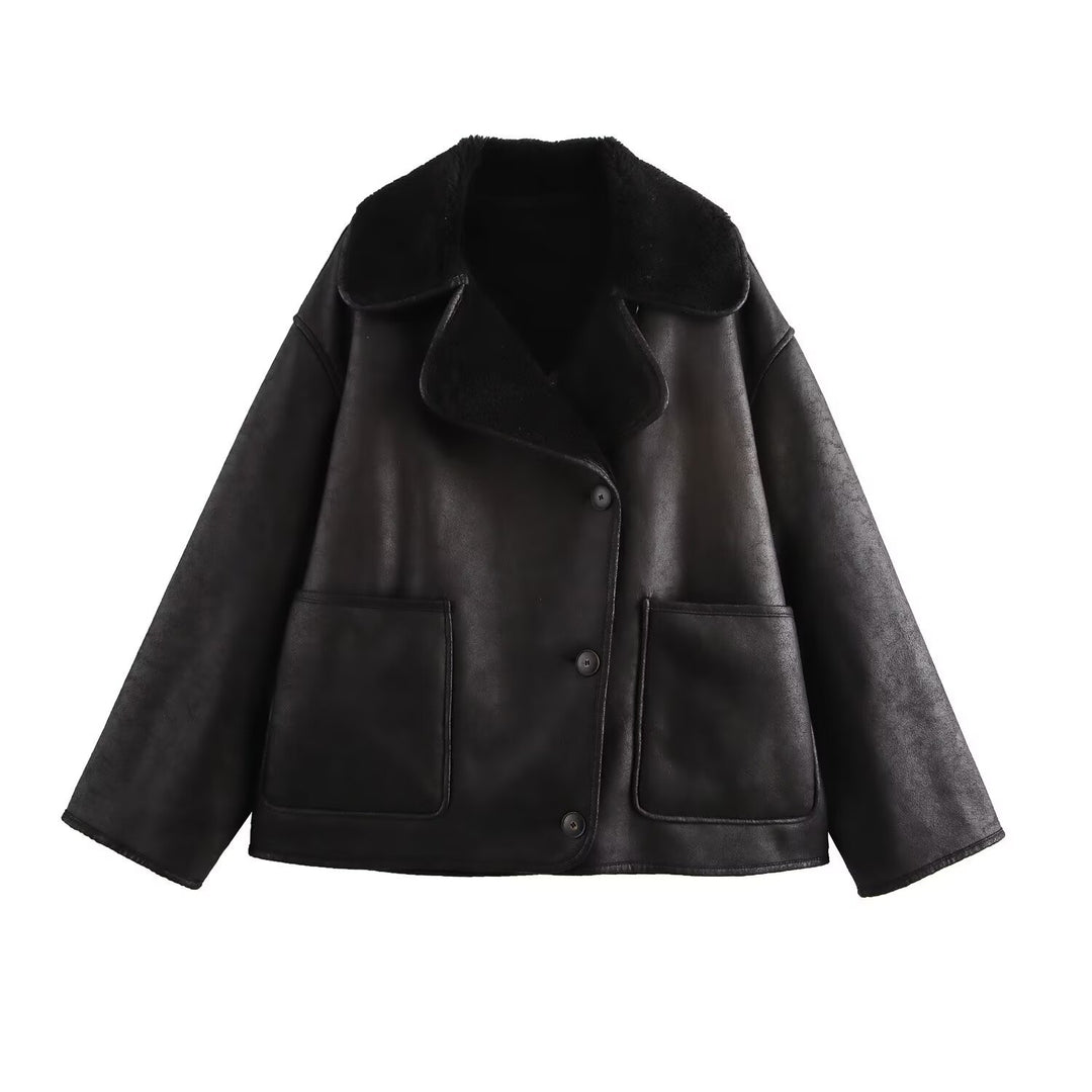 Damen Kurz geschnittener Oversized Lammfellimitat-Mantel mit Teddy-Kragen Echo Archiv
