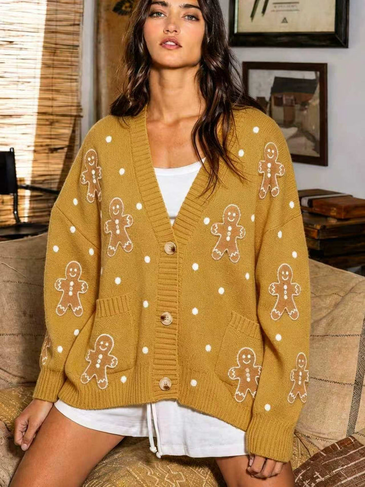 Damen nan oversized Strickcardigan mit Lebkuchenstickerei und tiefem V-Ausschnitt Echo Archiv