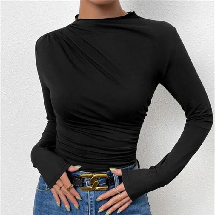 Damen Figurbetontes Langarmshirt mit Seitlicher Raffung und Drapée-Detail – Avérine