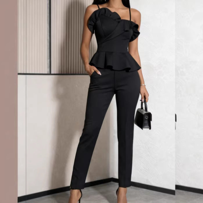 Damen elegantes Jumpsuit mit asymmetrischem Oberteil und Rüschendetails Echo Archiv