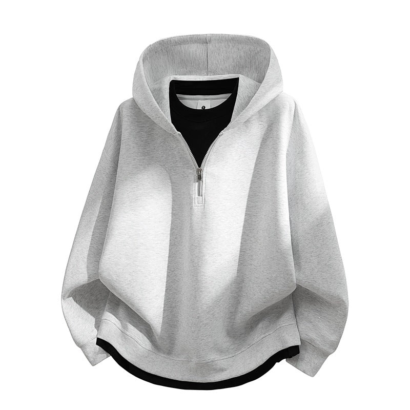 Unisex Oversize-Halbzip-Kapuzenpullover mit Lagen‑Optik, gerundetem Saum & gerippten Bündchen Echoarchiv