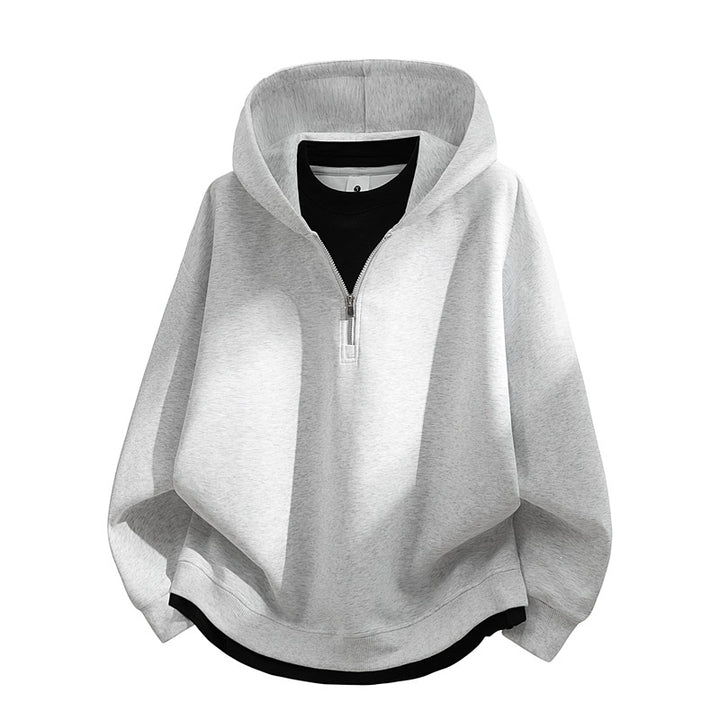Unisex Oversize-Halbzip-Kapuzenpullover mit Lagen‑Optik, gerundetem Saum & gerippten Bündchen Echoarchiv