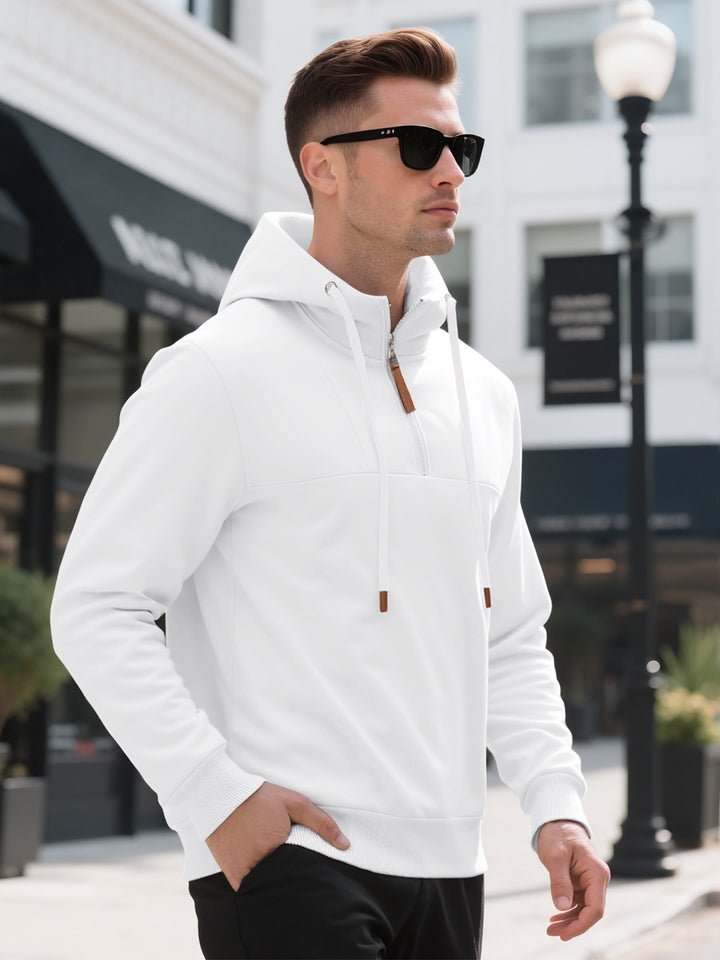 Herren Halbzip-Kapuzenpullover mit Stehkragen, Kordelzug und Lederdetails – Cavarno