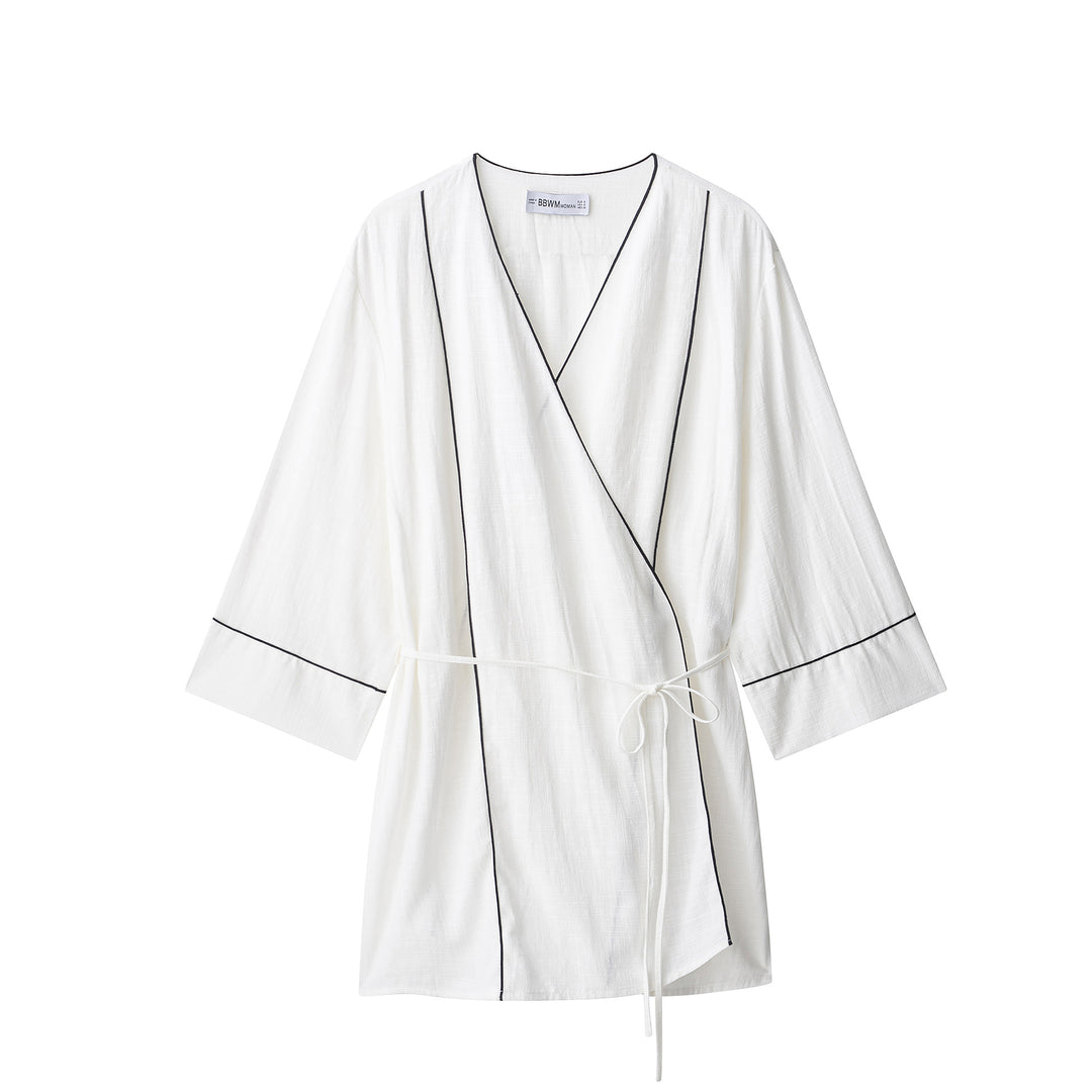 Damen Weite hochtaillierte Leinenmix‑Hose mit Cropped‑Bein und kontrastierender Bundpaspel Echo Archiv