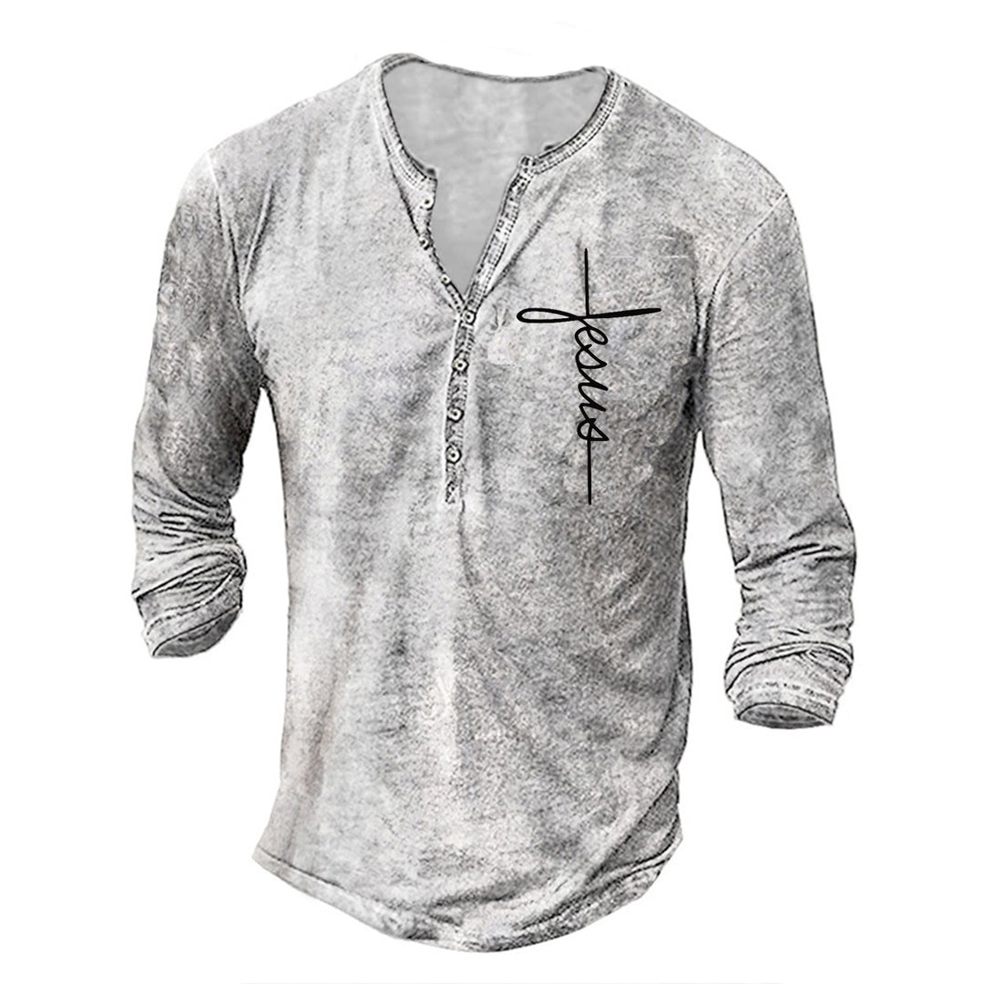 Herren Langarm Henley-Shirt mit kreativem Grafikdruck Echoarchiv