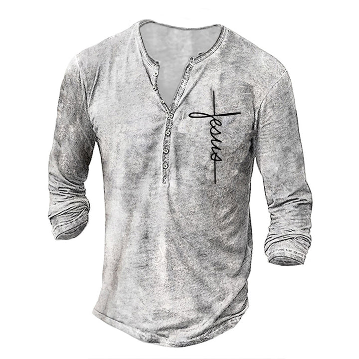 Herren Langarm Henley-Shirt mit kreativem Grafikdruck Echoarchiv