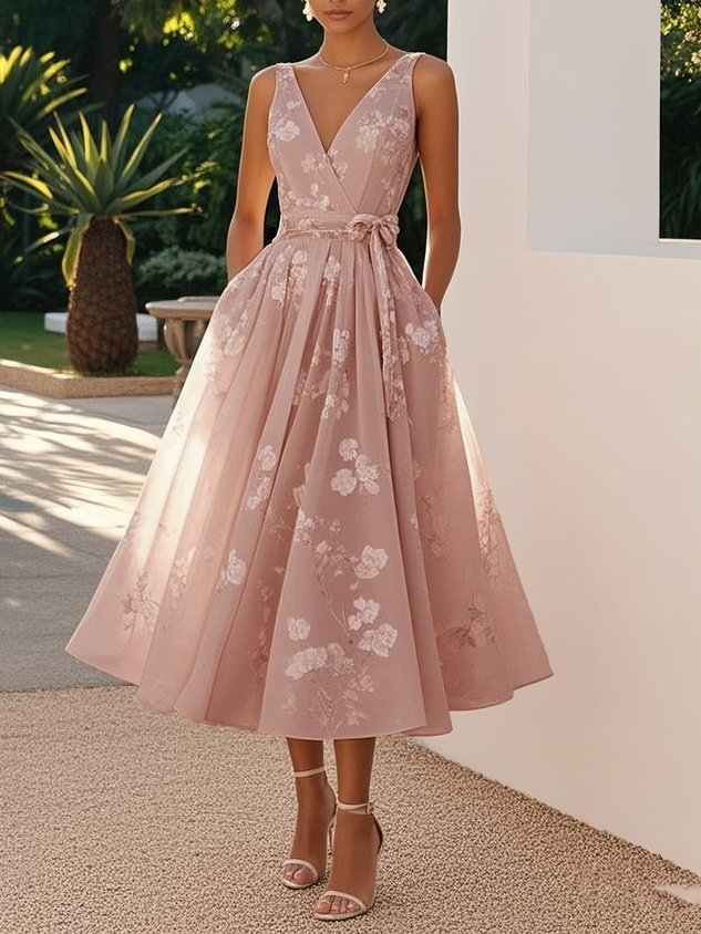 Damen Elegantes Blumenkleid mit tiefem V-Ausschnitt und Taillengürtel Echo Archiv