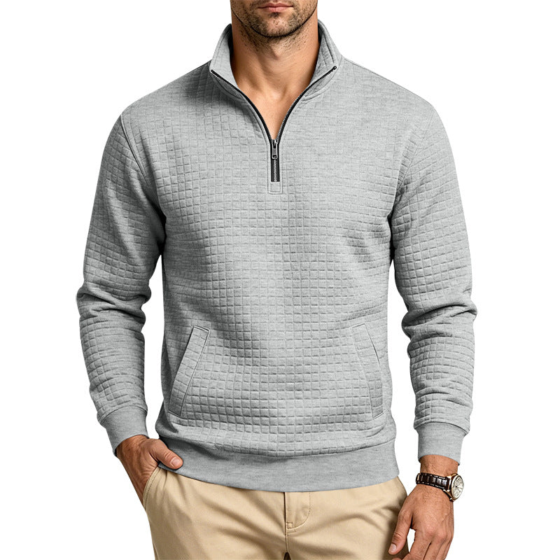 Herren Strukturiertes Stehkragen-Halbzip-Sweatshirt mit Karomuster und Kängurutasche Echoarchiv