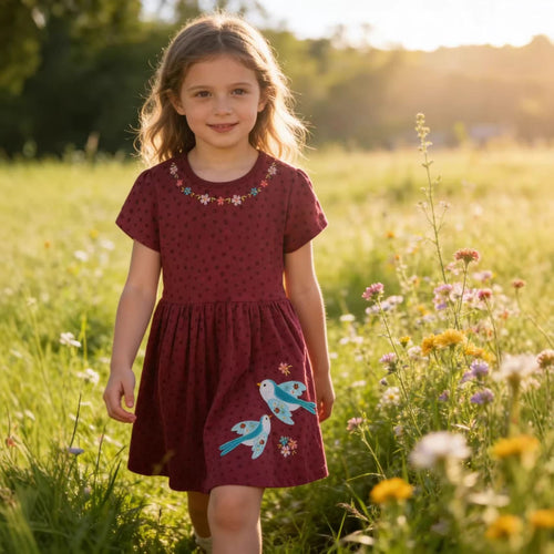 Mädchen Baumwollkleid mit süßen Vogel- und Blumenstickereien Echo Archiv