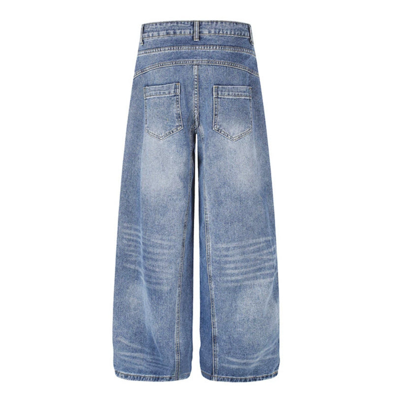 Damen Jeanshose mit weitem Culotte‑Schnitt, asymmetrischem Doppelbund und Kontrast-Seitenbahnen Echoarchiv