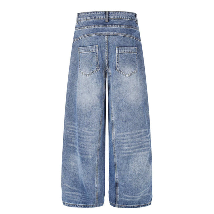 Damen Jeanshose mit weitem Culotte‑Schnitt, asymmetrischem Doppelbund und Kontrast-Seitenbahnen Echoarchiv