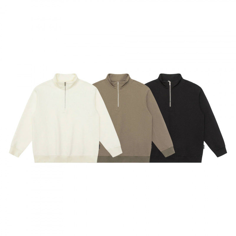 Unisex Oversize Waffelstruktur Halbzip-Pullover mit Stehkragen Echo Archiv