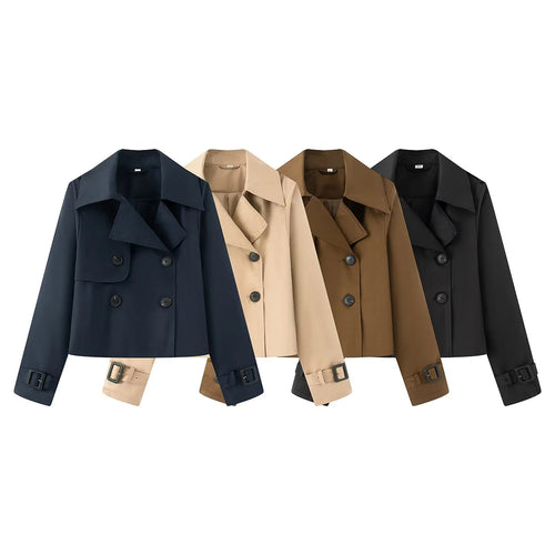 Damen kurz geschnittener Cropped Trenchcoat mit doppelreihiger Knopfleiste und verstellbaren Ärmelriemen – Montévia
