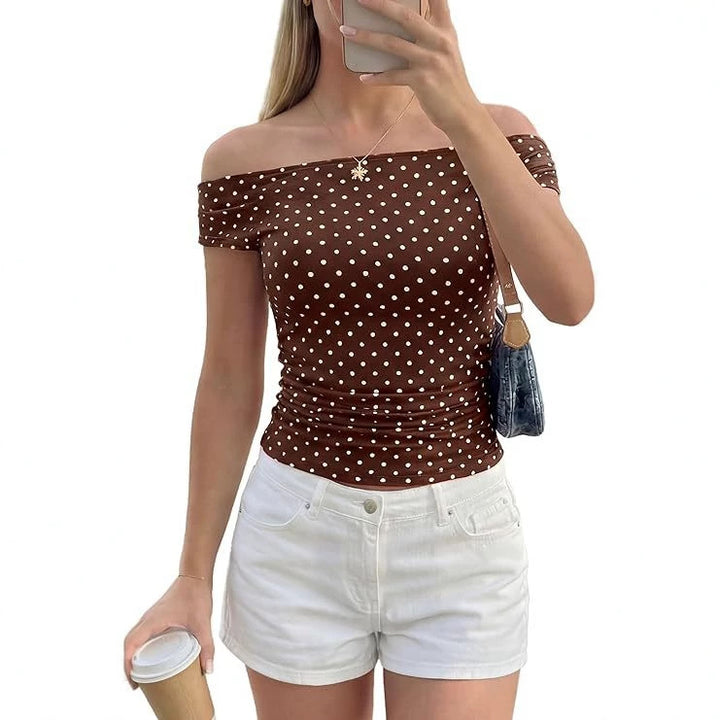 Damen Schulterfreies tailliertes Polka‑Dot Top mit geraffter Seitennaht Echo Archiv