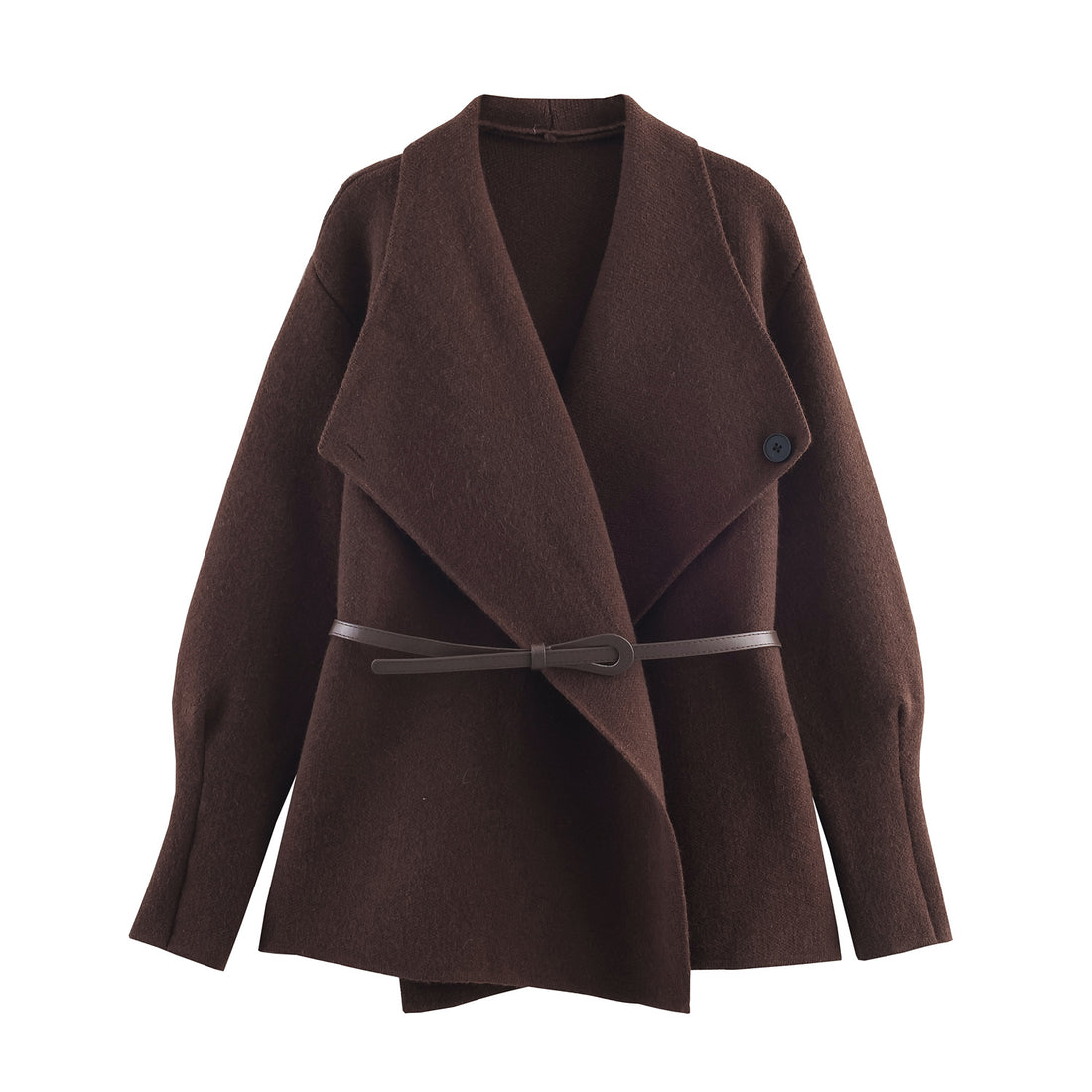 Damen Kurzgeschnittener Wollmix-Cardigan-Mantel mit weitem Schalkragen und schmalem Bindegürtel Echoarchiv