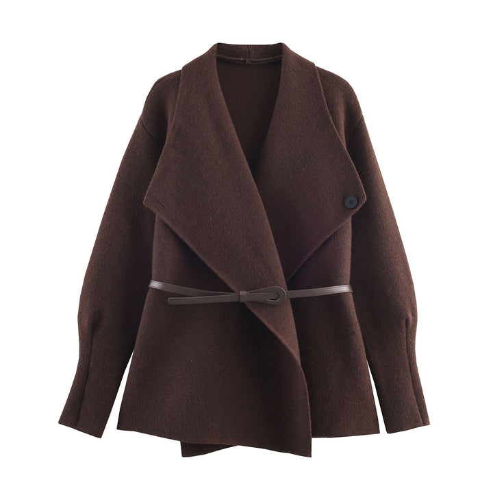 Damen Kurzgeschnittener Wollmix-Cardigan-Mantel mit weitem Schalkragen und schmalem Bindegürtel Echoarchiv