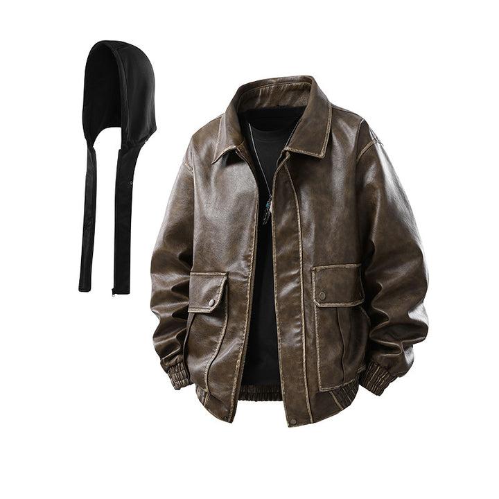 Herren Oversized Faux‑Leather Bomberjacke mit abnehmbarer Kapuze und Utility‑Taschen Echo Archiv