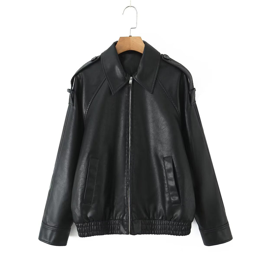 Damen Oversized Lederimitat-Flightjacke mit Bonded-Kragen, Schulterklappen und elastischem Saum Echo Archiv