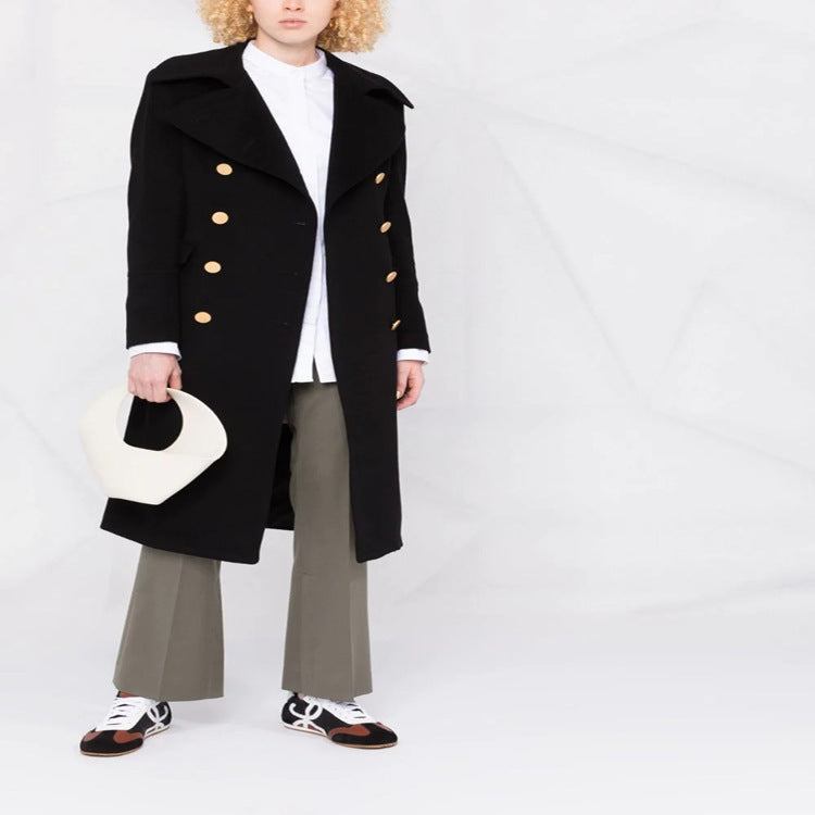 Damen Doppelreihiger Longcoat im Marinemantel‑Stil mit markanten Metallknöpfen Echoarchiv