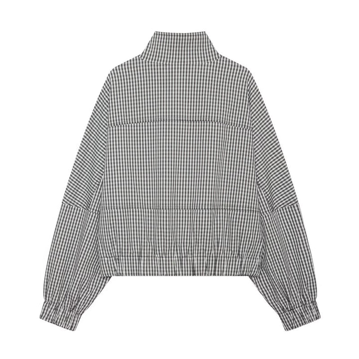 Damen Kariertes Cropped-Blouson mit Stehkragen, Reißverschluss und elastischem Saum Echo Archiv
