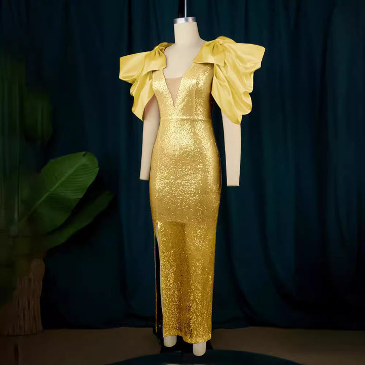 Damen Figurbetontes Glamour-Kleid mit schimmerndem Stoff und voluminösen Ärmeln Echo Archiv