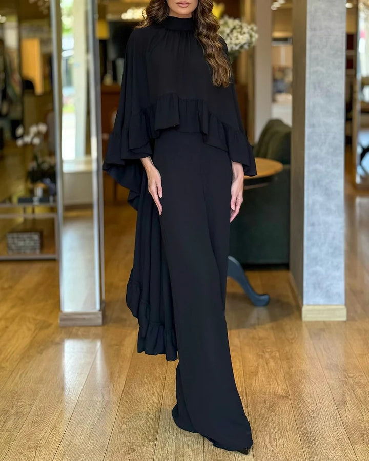 Damen Eleganter Overall mit Cape-Volant und weitem Palazzohosenbein – Solévia