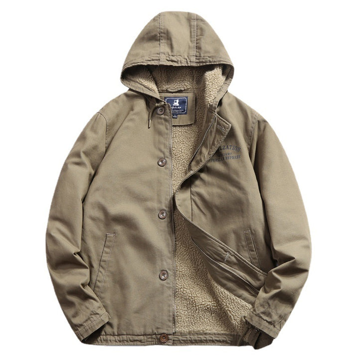 Herren Baumwoll-Canvas Kapuzenblouson mit durchgehendem Teddyfutter, verdeckter Knopf- und Reißverschlussleiste und Innentasche – Taviero