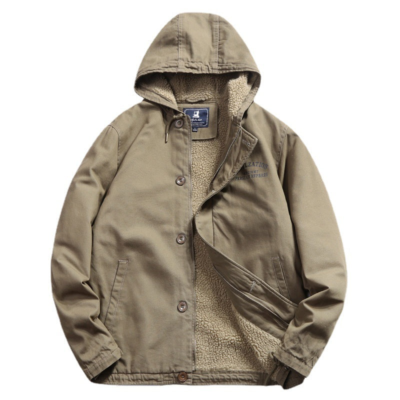 Herren Kapuzen-Canvasjacke mit Sherpa-Futter und Utility-Details Echoarchiv