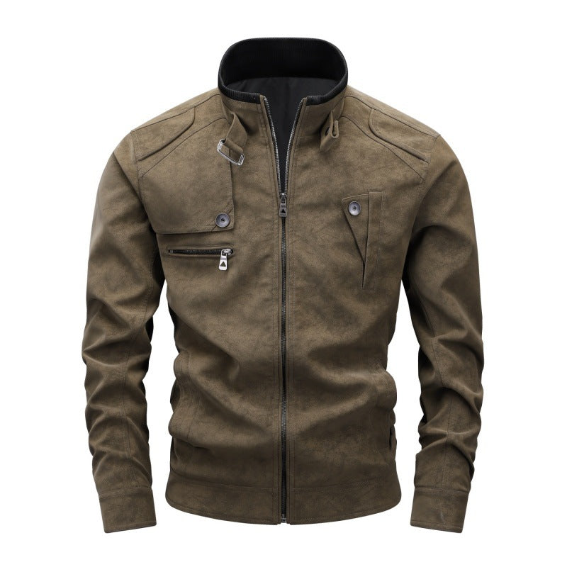 Herren Vintage-Utility Lederimitatjacke mit Stehkragen und mehreren Taschen Echoarchiv