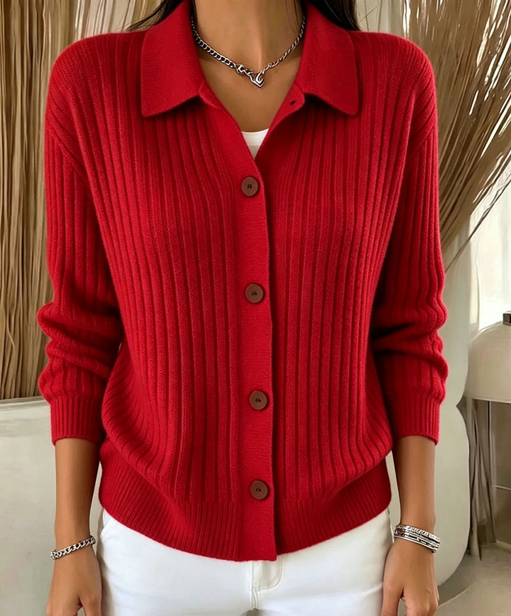 Damen Feiner gerippter Knopf‑Cardigan mit Hemdkragen und kastiger Silhouette – Veloura