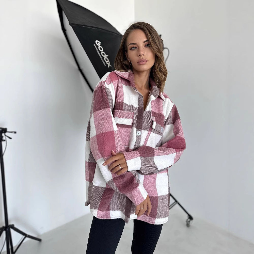 Damen Karierter Overshirt im Shacket-Stil mit Saumtaschen und Knopfverschluss Echoarchiv