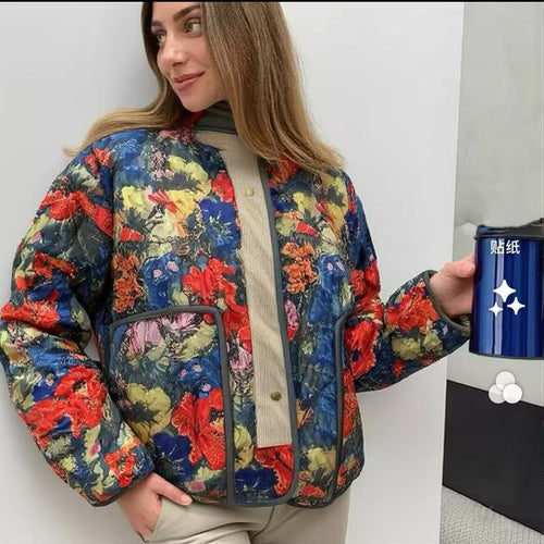 Damen Gesteppte Übergangsjacke mit floralem Allover-Muster und Stehkragen Echo Archiv