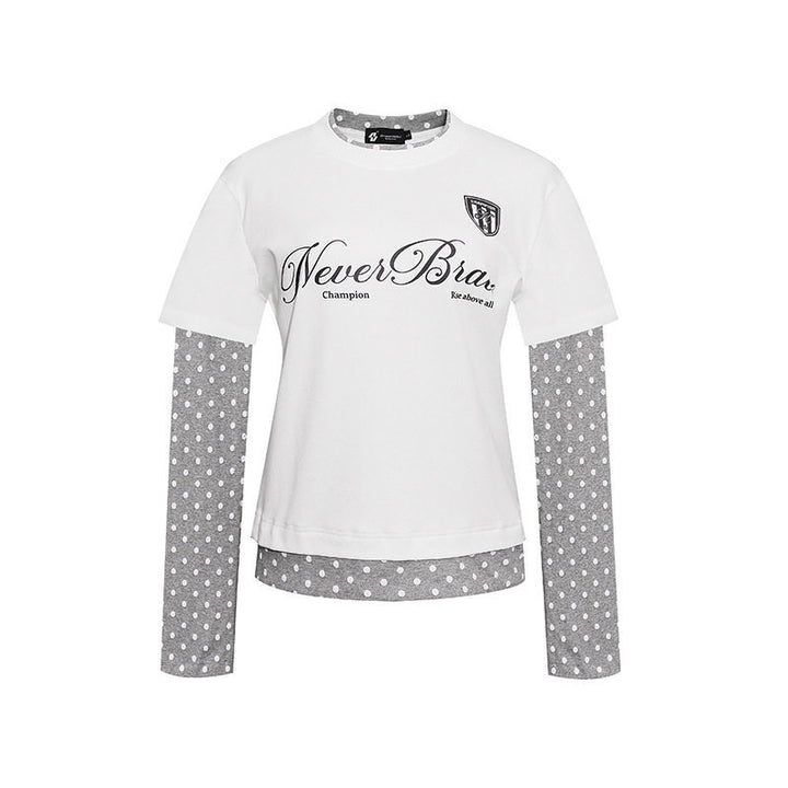Damen Lagen-Langarmshirt mit Tupfen-Innenlayer und kalligrafischem Statement-Print Echoarchiv
