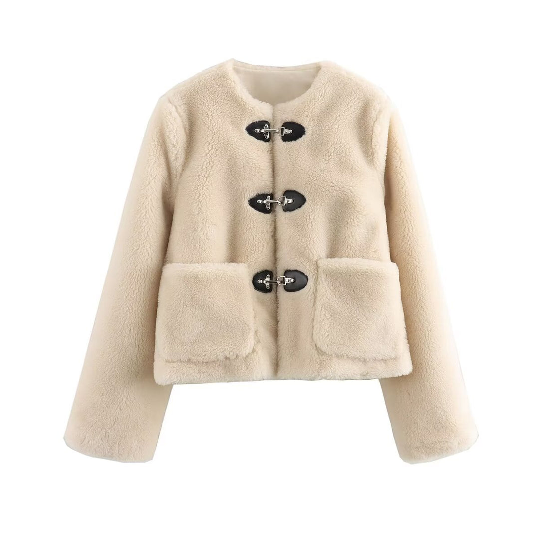 Damen Kurze Teddyjacke mit Knebelverschluss und aufgesetzten Taschen Echoarchiv
