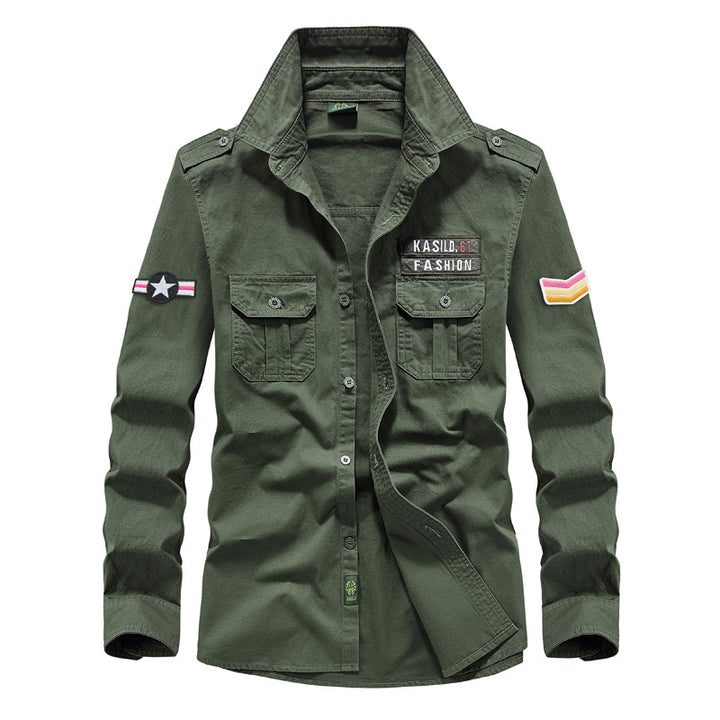 Herren nan militärisches Langarmhemd mit gestickten Abzeichen und Brusttaschen Echo Archiv