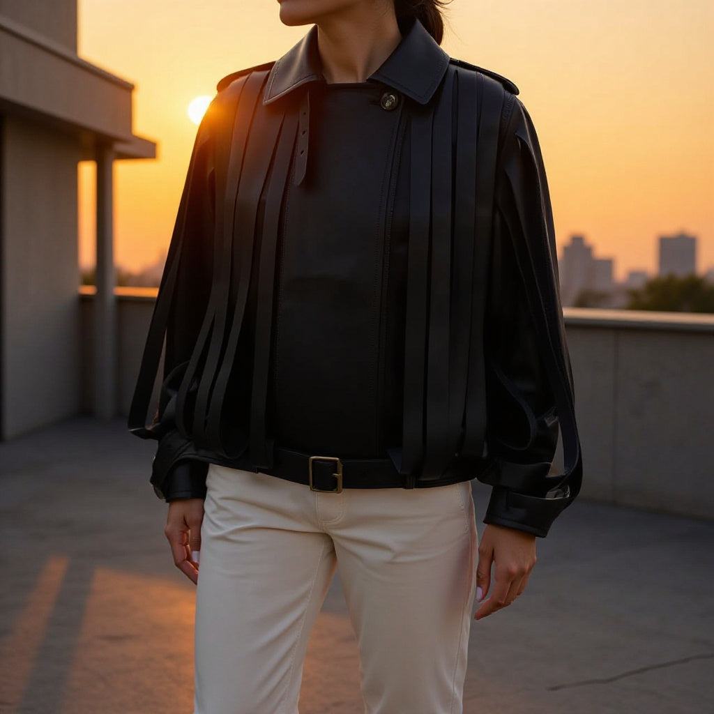 Damen Lederimitat‑Fransenblouson mit Stehkragen und Taillengürtel Echo Archiv